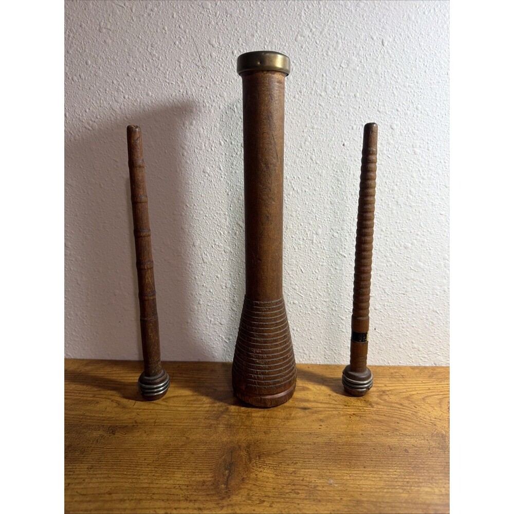 1 Vintage Wooden 12" Beehive Bobbin Spool And 2 Antique Wooden Thread Spools.